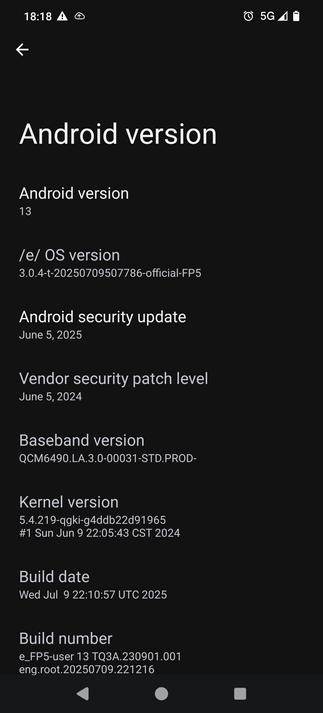 Screenshot of the Android-Version Submenu in the Settings of a Fairphone 5 with /e/-os installed. it lists an "Android Security Update" of 2025-06-05 and a (very outdated) "Vendor security patch level" of 2024-06-05