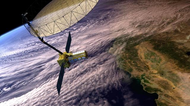 An artist's concept of the NISAR mission. NISAR is seen operating in orbit above the Earth.