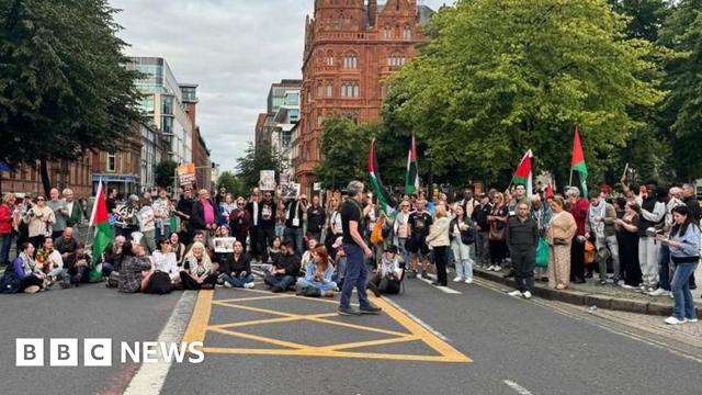 A large group of people sitting across a main road. They are holding red, green and black Palestine flags.