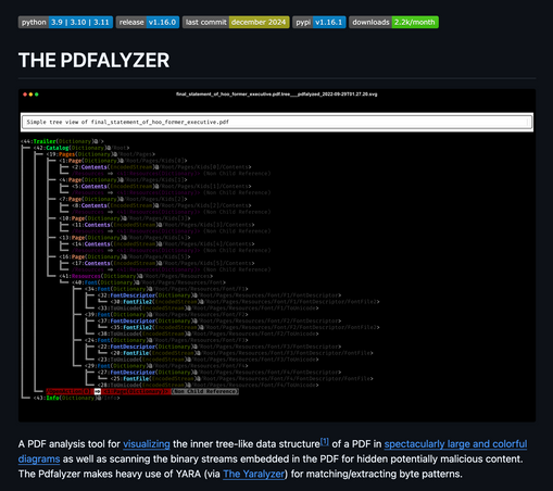 screenshot of the PDFalyzer output