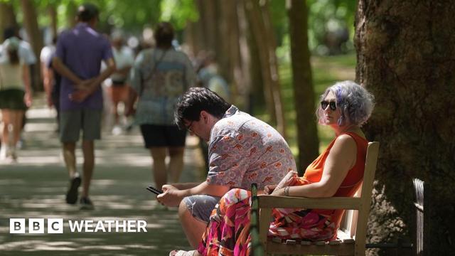 A couple sit on a bench under a tree, with people walking along a path in the background