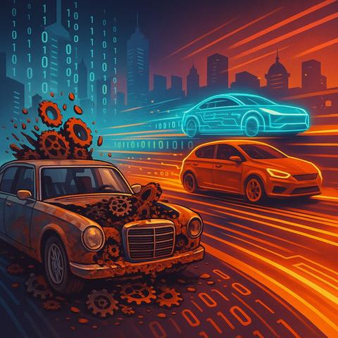 IMAGE: An old rust-covered sedan and hatchback crumble into gears while sleek, neon-outlined electric cars race past on a luminous, data-streamed highway