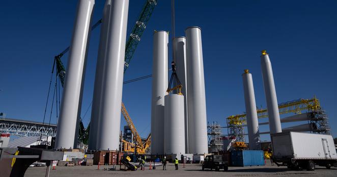 Wind turbine tower pieces under construction for the South Fork Wind Farm at the New London State Pier in Connecticut in 2023.