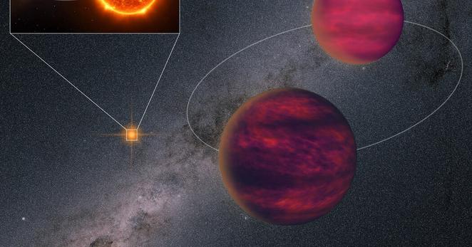 An artist’s impression of a star system, UPM J1040−3551, against the backdrop of the Milky Way as observed by Gaia. The two brighter stars appear as a distant orange dot, left, and the cold brown dwarfs are in the foreground.