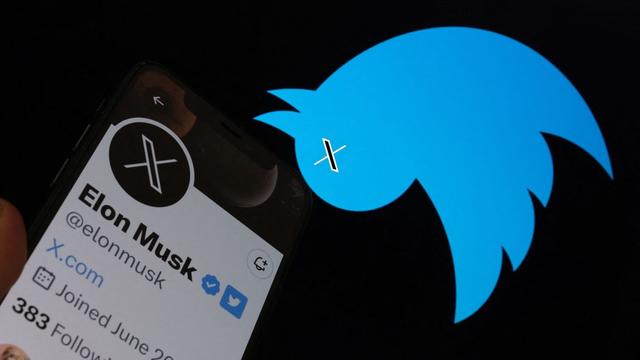 Illustration includes an upside-down Twitter bird logo with an "X" where the bird's eye would be. Elon Musk's Twitter profile is also displayed on a smartphone screen.