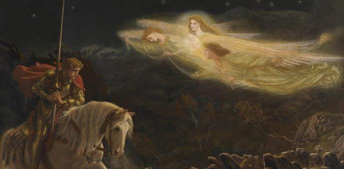 Sir Galahad, the Quest for the Holy Grail by Arthur Hughes (1870). Works from pre-Raphaelite artists like Hughes are on display in the exhibition. | Courtesy of National Museums Liverpool