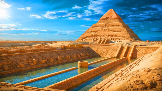Illustration of a sophisticated water management system around the Pyramid of Djoser highlighting ancient Egyptian engineering techniques.
