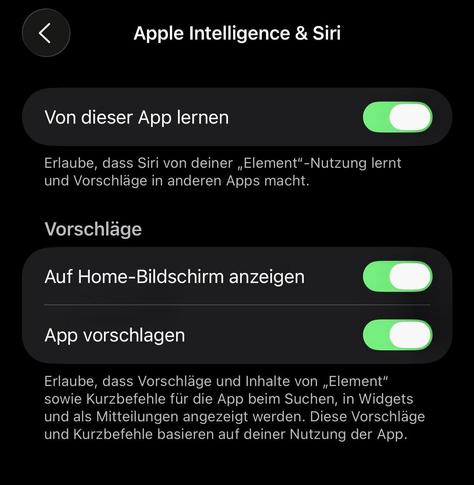 The image displays a settings menu for "Apple Intelligence & Siri" in German. It includes toggle options for allowing Siri to learn from an app and to show suggestions on the home screen. Descriptive text explains the purpose of the features related to app usage

this is default of every app - disable it