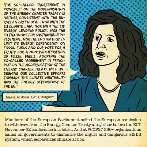 Drawing: Maria ARENA, S&D, Belgium
She says: “The so-called ‘’agreement in principle” on the modernisation of the Energy Charter Treaty is neither consistent with the European Green Deal, nor with the EU climate law, nor with the EIB energy lending policy, nor the EU taxonomy for sustainable investment, nor the EU strategy to limit its energy dependency on fossil fuels and our vote for a Treaty for a non-proliferation of fossil fuels. Adopting the so-called “agreement in principle” on the modernisation of the Energy Charter Treaty will undermine our collective efforts towards the climate neutrality and the energy dependency of the EU.”
below text: Members of the European Parliament asked the European comission to withdraw from the Energy Charter Treaty altogether before the ECT November 22 conference in a letter. And at #COP27 350+ organizations called on governments to dismantle the unjust and dangerous #ISDS system, which jeopardizes climate action. 