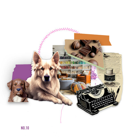 This is the tenth collage of eighteen that I have promised to make for my new followers.  This is a centered collage with a dog who looks like a golden retriever with the ears of a shepherd dog. There is also a dogs head made out of chocolate and a second small image of hand made chocolates.  Other images include a book case, typewriter, ink, pens and some blocks of color - purple and purples.