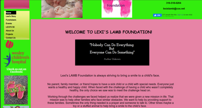 Screenshot from the home page of Lexi's Lamb foundation. Green background with pink. 