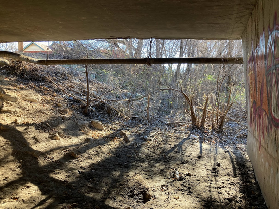 Under a bridge, creek bed and a nice place to listen to chickens. 