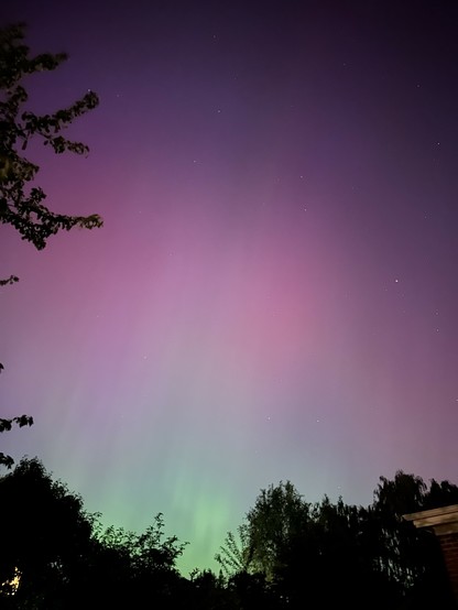 Pink and green aurora in the night sky