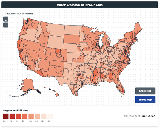Many of the US with areas colored by with their view of SNAP cuts: