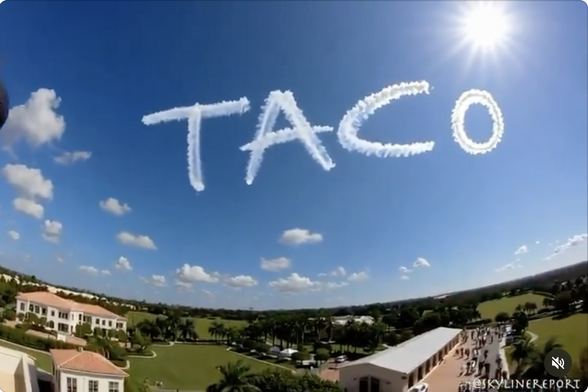 A screenshot from a video showing TACO written by a plane in the sky over Mar-a-Lago today