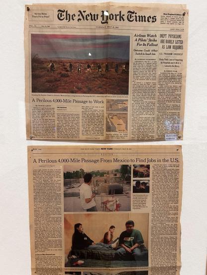 Faded print newspaper of front page and part of the ongoing story, with photos of immigrants 