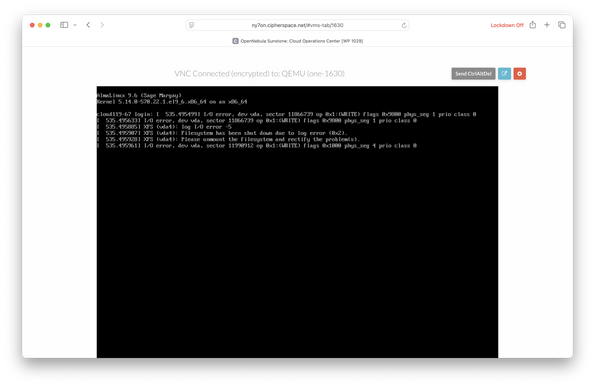 Screenshot of a window from Open Nebula Sunstone showing a VM console with ominous-seeming errors from XFS complaining about a I/O error on /dev/vda