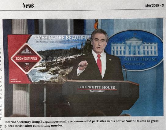 Illustration of Doug Burgum at a podium, announcing the program