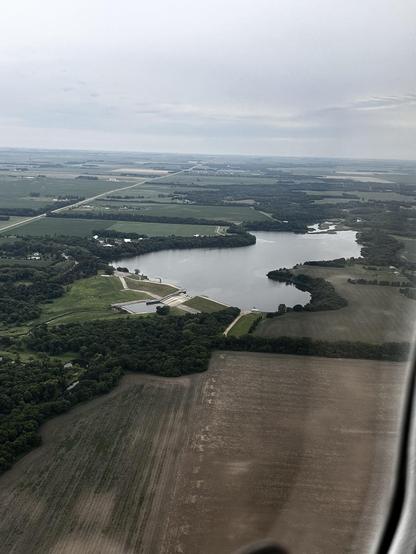 Oblique view of the Homme Dam and reservoir and surrounding farm fields