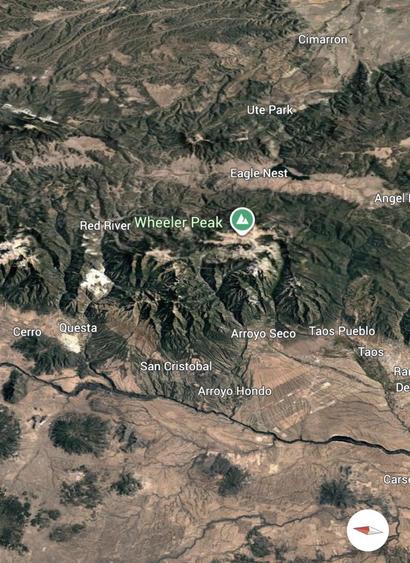 Google Earth view of a portion of northern New Mexico, looking east across Taos, Questa, and Wheeler Peak