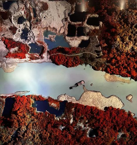Crepori River, Pará 2020 archival pigment print 66.25 x 189.25 x 2.5 in

"Illegal goldmines (garimpos) cluster along the banks of the Crepori River. Mineral ships dredge and filter the riverbed to extract gold. Mercury separates gold from silt, some of which flows into the river system, poisoning all life forms that depend on the river, including Indigenous communities, such as the Munduruku, who live along this river. This is a GIS (geographic information systems) map of these activities made …