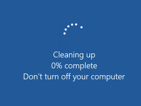 screebngrab from a rebooting win2k22 VM that has been 0% done with "Cleaning up" for about 15 minutes

Raw Text:

Cleaning up
0% complete
Don't turn off your computer