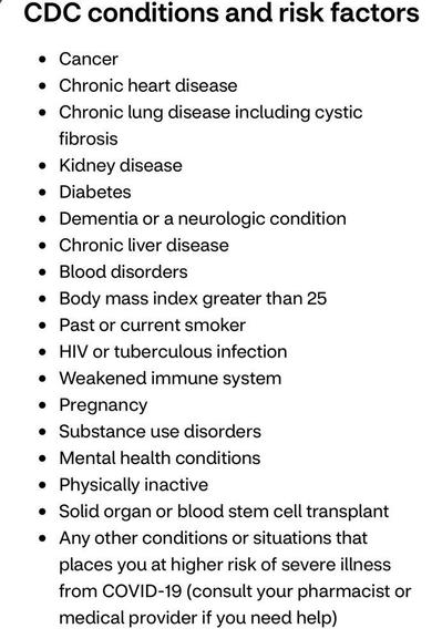 Conditions that qualify one for a Covid vaccine. 

Raw Text: CDC conditions and risk factors
• Cancer
• Chronic heart disease
• Chronic lung disease including cystic
fibrosis
• Kidney disease
• Diabetes
• Dementia or a neurologic condition
• Chronic liver disease
• Blood disorders
• Body mass index greater than 25
• Past or current smoker
• HIV or tuberculous infection
• Weakened immune system
• Pregnancy
• Substance use disorders
• Mental health conditions
• Physically inactive
• Solid organ o…