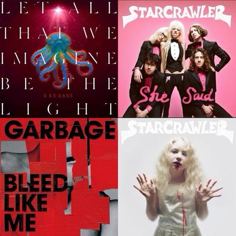 Four album covers. 
Upper left: blue tentacled creature in a dark reddish background, "Let All That We Imagine Be The Light." Lower left: red cover GARBAGE - "Bleed Like Me." Upper right: STARCRAWLER "She Said" with band members in tuxes. On a pink background. Lower right : STARCRAWLER - image of a woman w white hair wearing a white dress facing the viewer w her hands up, w red color near her mouth and on her dress on a white background.
