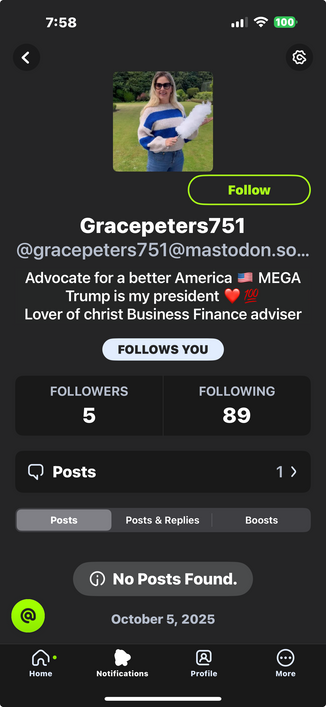 My latest follower, a fan of Trump and Jesus, as if anyone but an imbecile could say that. 