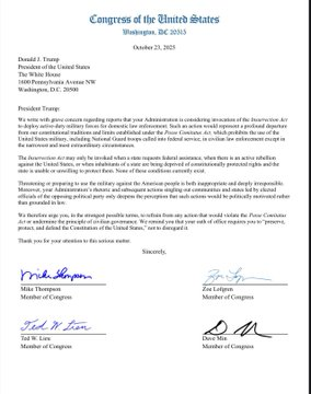 A letter addressed to Donald J. Trump from members of Congress, dated October 23, 2025. It discusses concerns regarding the administration potentially considering the removal of provisions in the Infrastructure Act. The letter is signed by multiple members of Congress, incl…