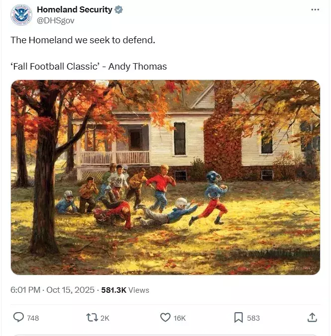 A DHS posting from October featuring an Andy Thomas painting showing the ideal America as white boys playing football next to a rural wooden house