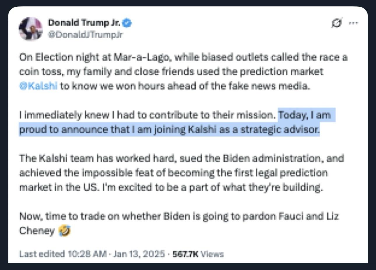 A Twitter post from Donald Trump Jr. announcing that he is joining the prediction market platform Kalshi as a strategic advisor. The tweet discusses election night at Mar-a-Lago and expresses excitement about contributing to Kalshi's mission. The post includes commentary on…