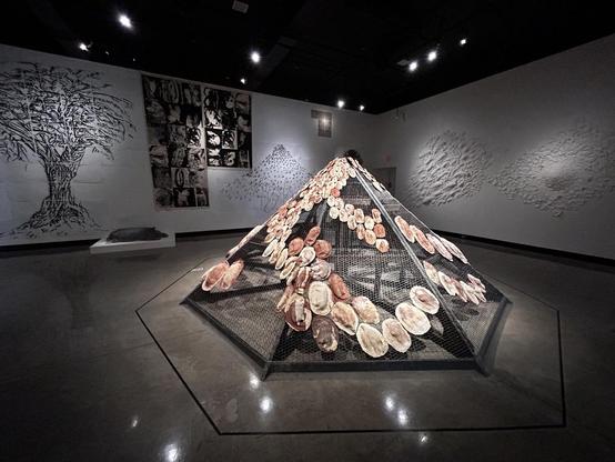 Taubman Museum of Art Cupí, 1997-98 and 2024

Installation of terracotta casts, wood, aluminum wire and chicken wire

"In the 1990s, Cardillo explored large-scale sculptural forms he calls cupí-cone-shaped earthen mounds patterned upon ancient Meso-American burial sites, often covered with fossil-like objects that resembled ossified remains recording a plenitude of past life now extinct. These sculptural forms circulate around themes of loss and continuity, prehistory and its accessibility.
"Cu…