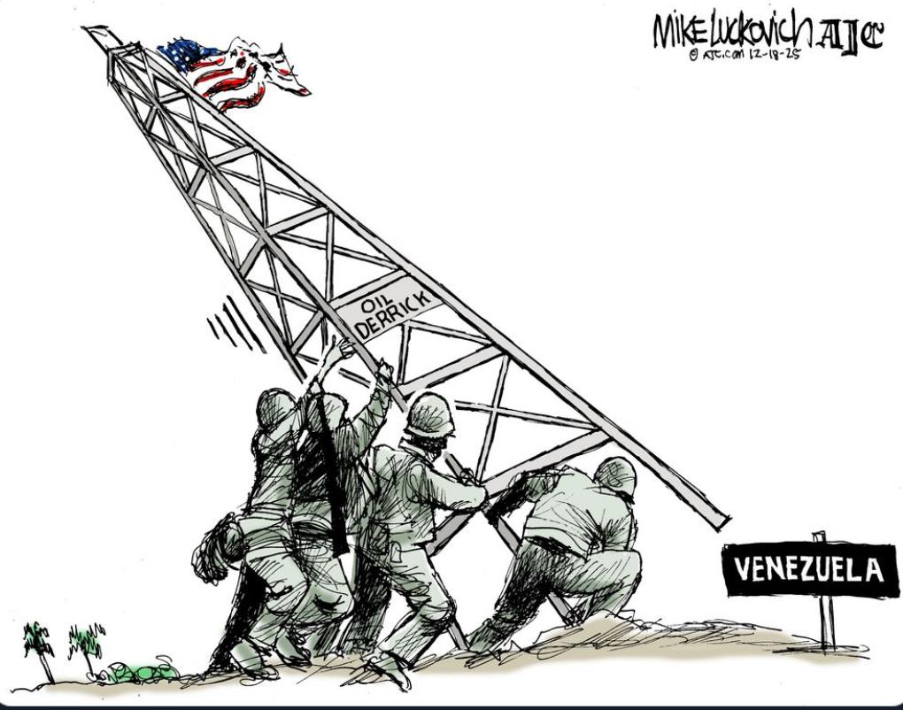 An Iwo Jims like scene of our military pushing up a tall oil well with flag at top

From Mike Ludovich