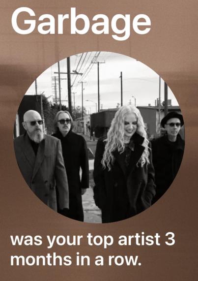 Photo of four people, text says "Garbage was your top artist 3 months in a row."