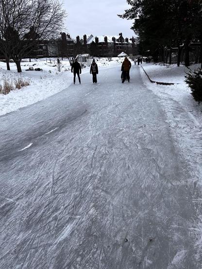 Narrow, frozen canal showing somewhat aligned skate marks, people, and buildings in the background.