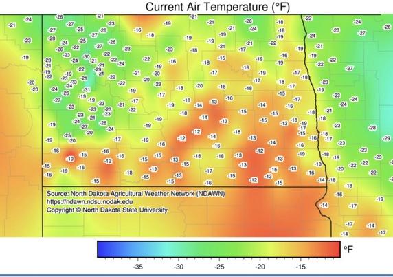 Map of air temps from western Minnesota across North Dakota into NE Montana showing temps ranging from -27 F to - teens F
