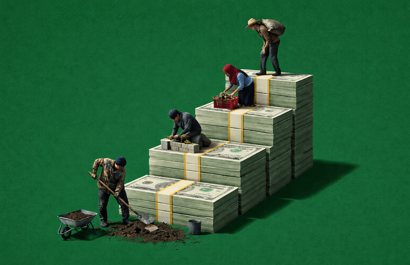 Pic of immigrants working on the steps shown as US bills stacked like stairs:
