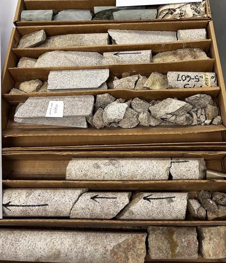 Boxes containing light colored igneous drill core