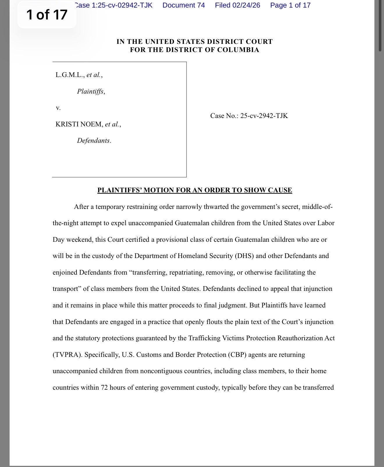A legal document from the U.S. District Court for the District of Columbia, titled “Plaintiffs' Motion for an Order to Show Cause.” It concerns a case involving plaintiffs and defendants related to the treatment of unaccompanied Guatemalan…