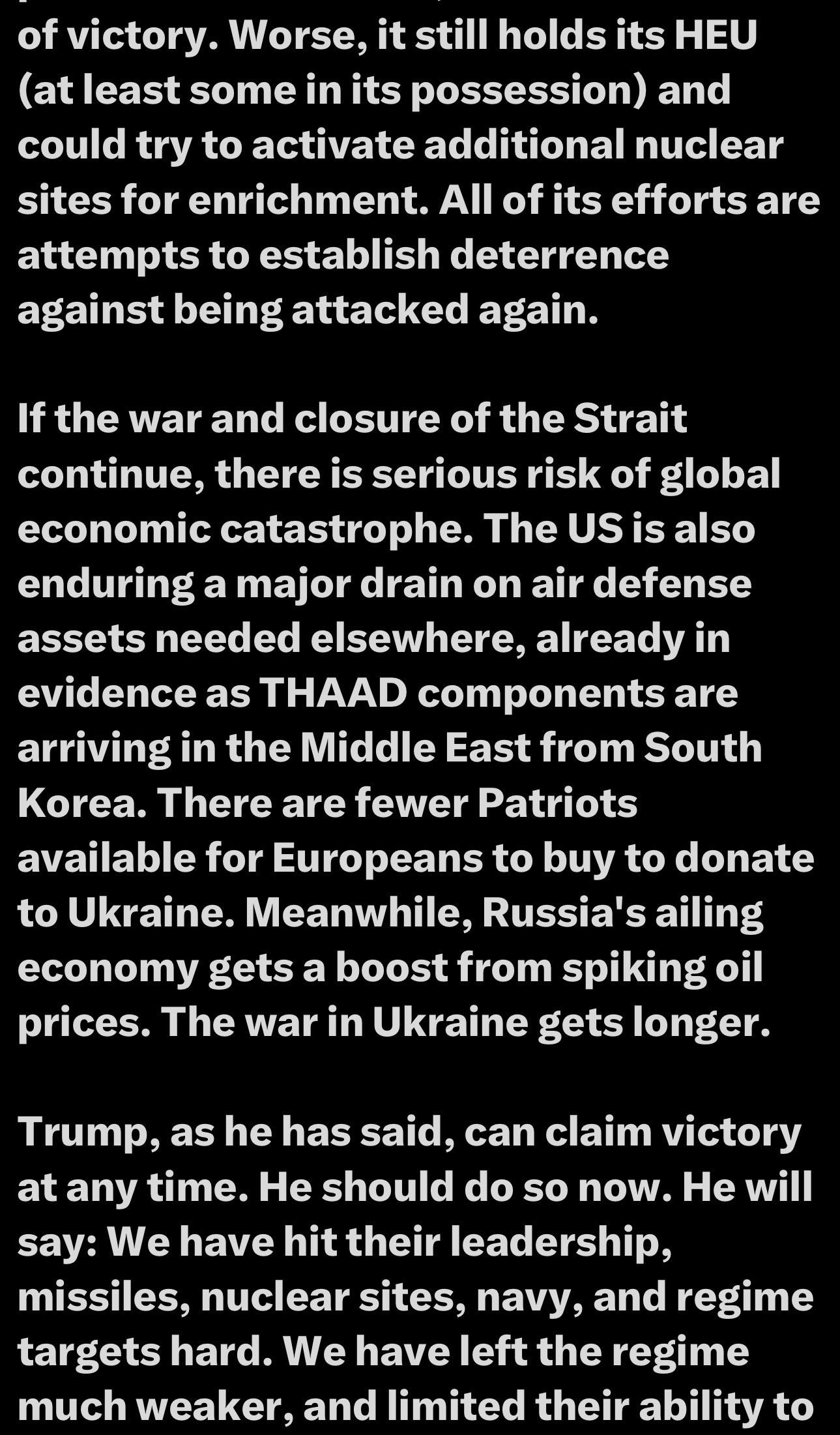The image contains a text excerpt discussing geopolitical tensions, particularly regarding nuclear capabilities and the ongoing war in Ukraine. It touches on economic impacts, military resource allocation in the U.S., and remarks about political statements from Trump related to victory claims.