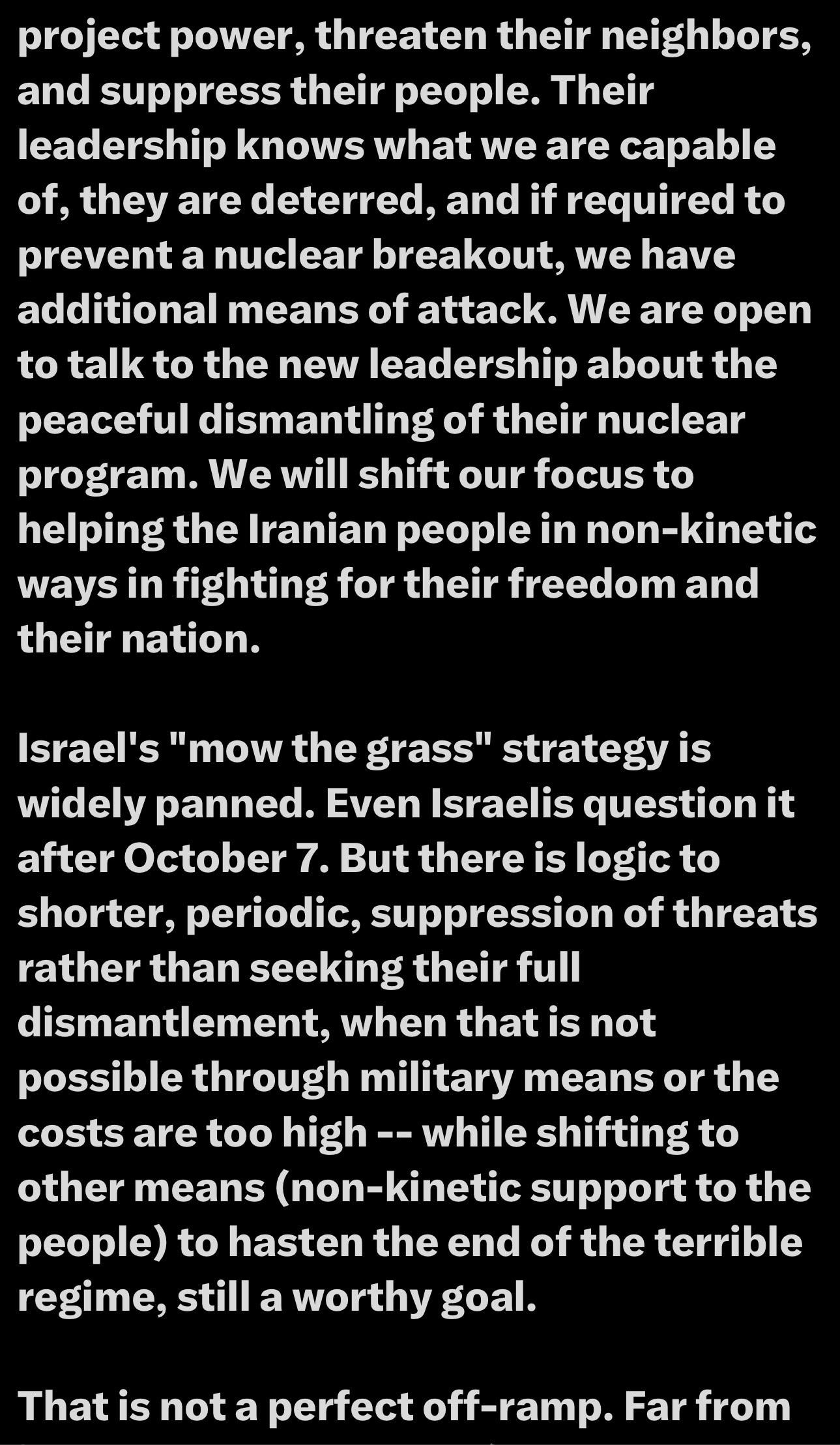 Text discussing geopolitical strategies related to Iran, Israel, and nuclear threats, focusing on shifting support to the Iranian people and questioning military approaches.