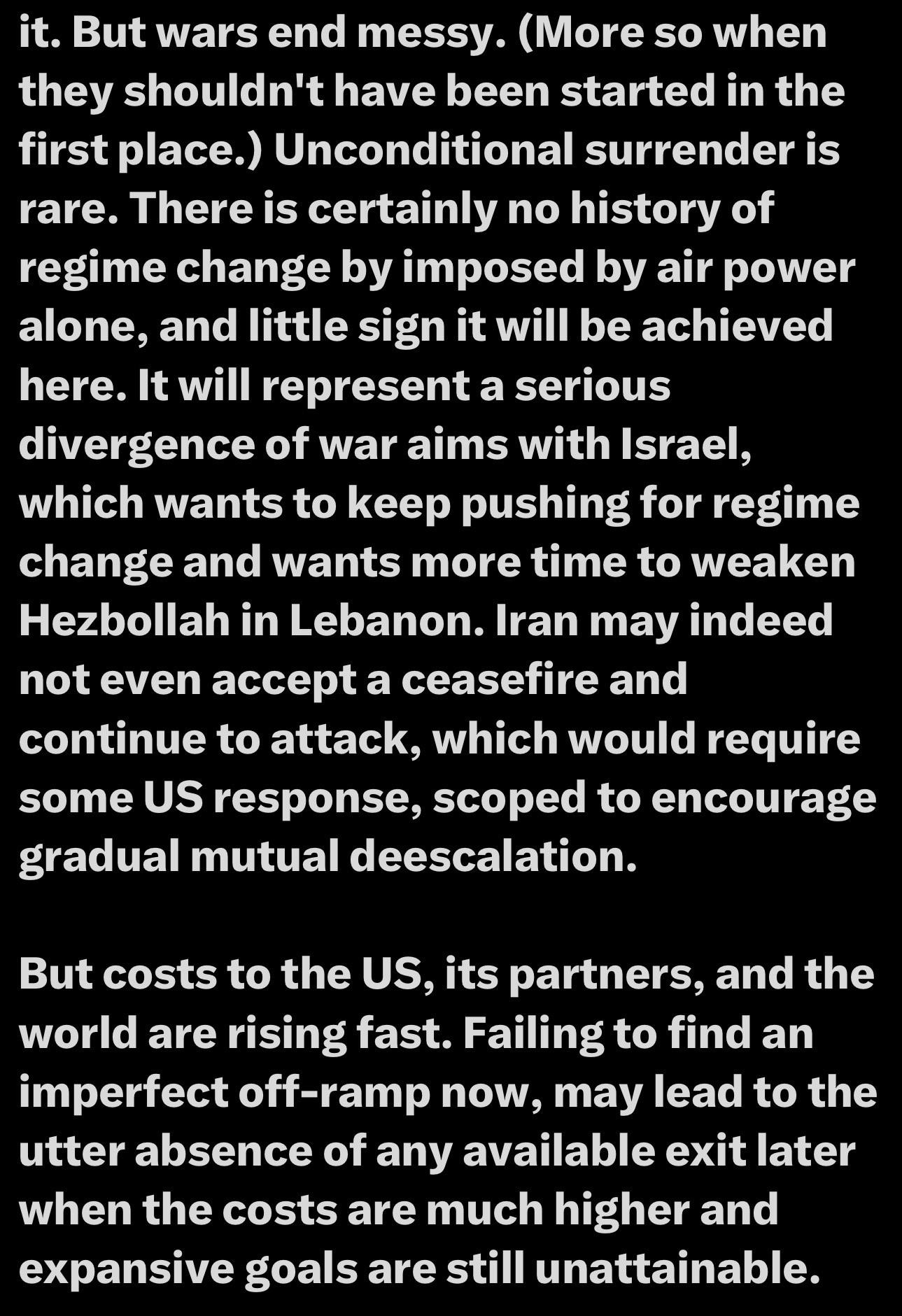 Text excerpt discussing the complexities of war, the challenges of regime change, and the implications for international relations, particularly regarding Israel and Iran.