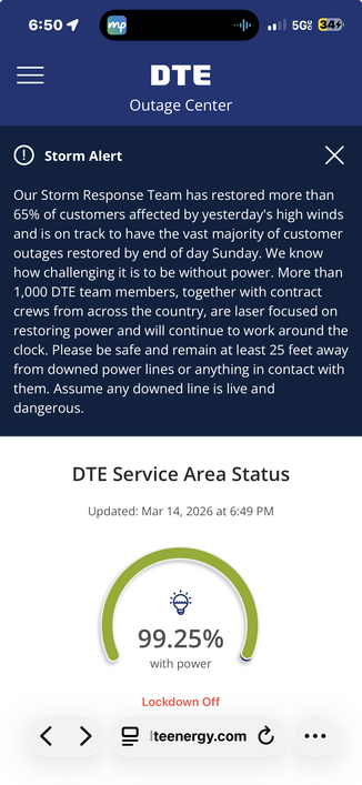 Screenshot of the DTE app. They now show just 0.75% of customers with power off. That includes me and I hate it.