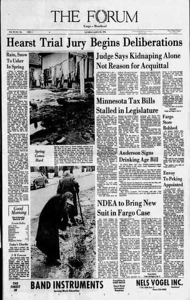 Front page of a newspaper. The main headline is Hearst Trial Jury Begins deliberations. Other stories on appointment of a representative to China, tax bills, education, association to bring suit in Fargo case, photos of people clearing snow.