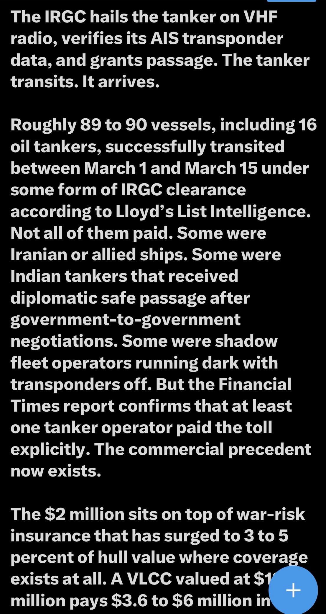 Text discussing the transit of oil tankers and the operational context involving the IRGC (Islamic Revolutionary Guard Corps). It details the clearance process, the number of vessels that transited, payment issues, and insurance costs related to tankers.