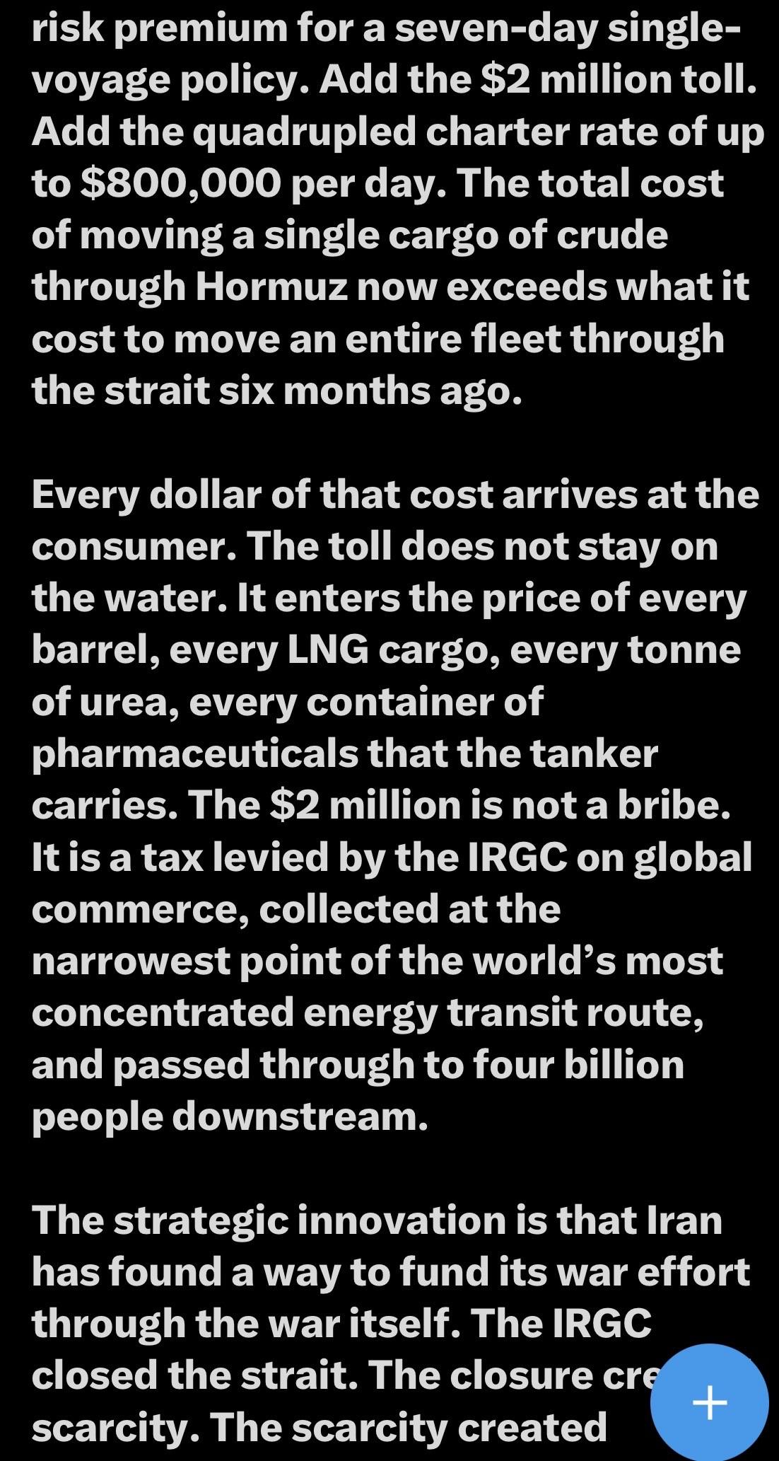 Text discussing the increased costs and implications of moving cargo through the Strait of Hormuz, including expenses due to tolls, insurance premiums, and charter rates. It highlights how these costs affect consumers and are linked to geopolitical events.