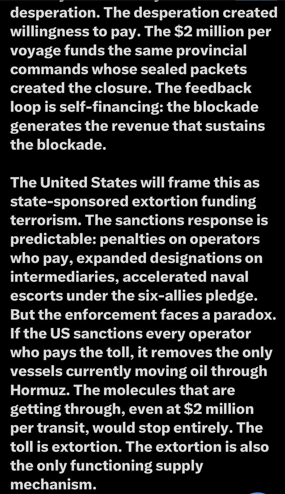 Text discussing the financial dynamics of a blockade, highlighting themes of desperation, extortion, U.S. sanctions, and the paradox of enforcement in relation to oil transport through Hormuz.