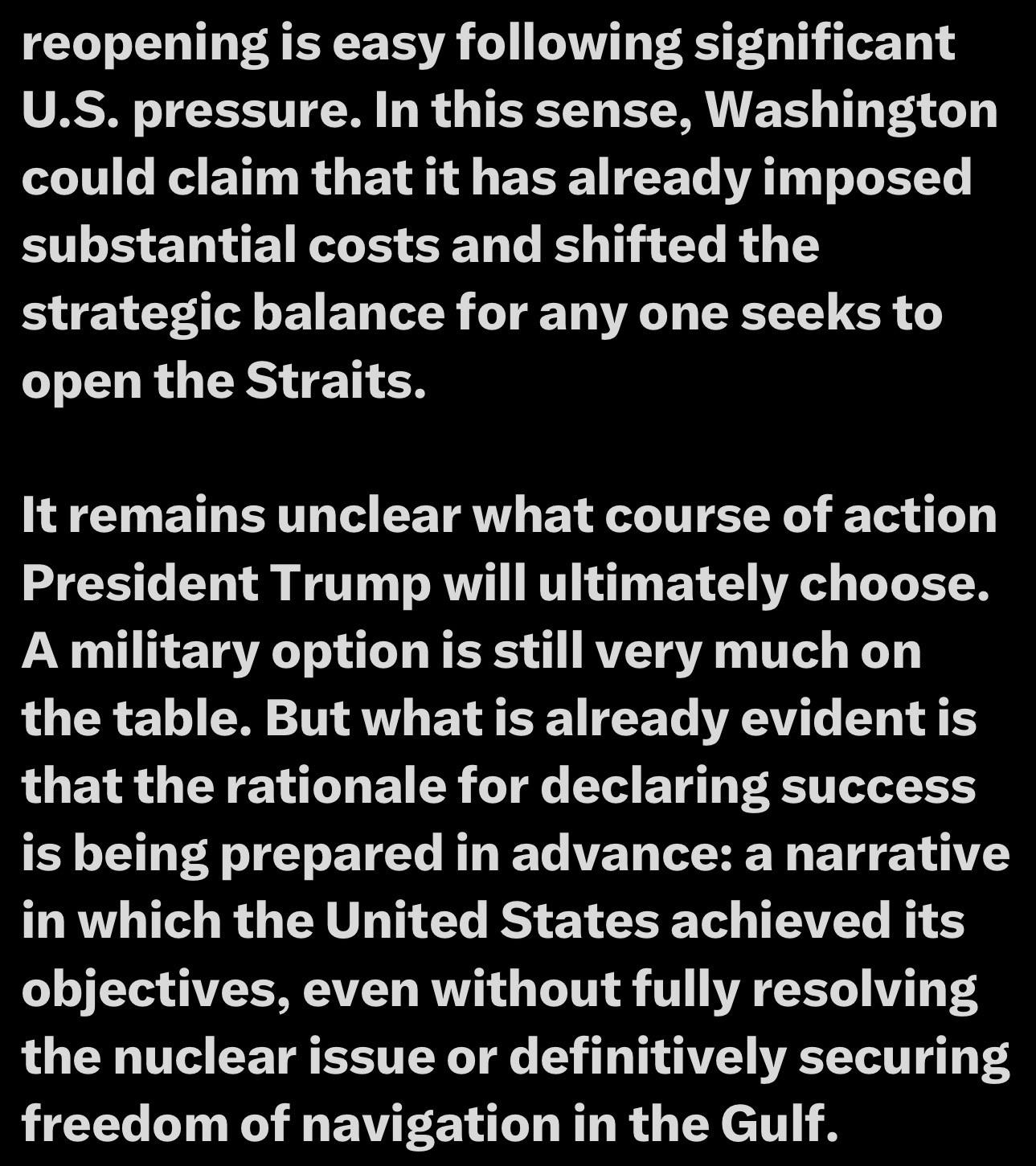 The image features a text excerpt discussing U.S. pressure on reopening strategic locations and the potential military options being considered by President Trump. It highlights the uncertainty surrounding future actions and the narrative being prepared for declaring success.