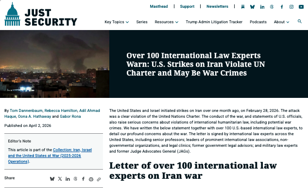 The title page of the paper from Just Security of the over 100 INTL law experts warning: